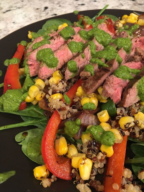 zoomed in flank steak chimichurri salad